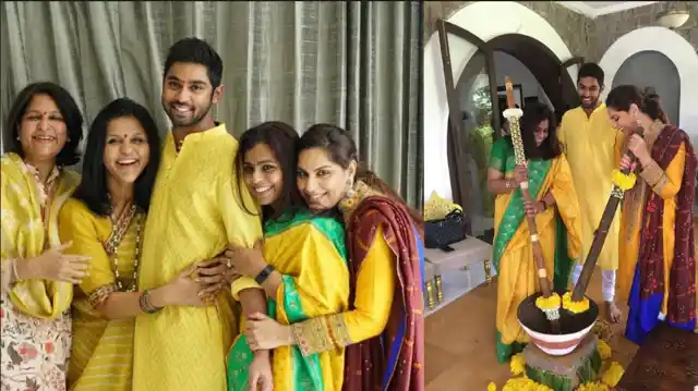 The women in the Reddy family pampering the groom, Anindith during his <i>haldi</i> ceremony. 