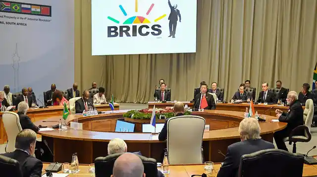 Prime Minister Narendra Modi and other BRICS leaders at their Restricted Session at the BRICS summit in Johannesburg, South Africa on 26 July.