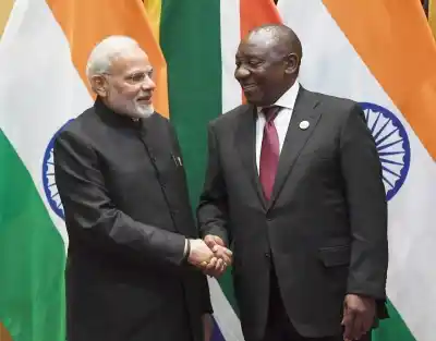Johannesburg: Prime Minister Narendra Modi in bilateral meeting with South African President Cyril Ramaphosa on the sidelines of the BRICS Summit in Johannesburg, SA. 