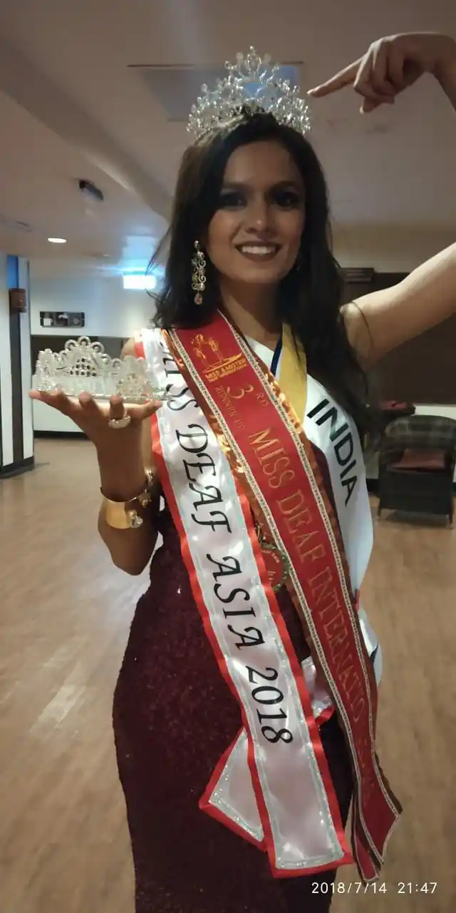 Deshna Jain with her Miss Deaf Asia crown and Miss Deaf International (3rd runner up) sachet.