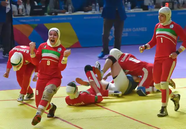 Jakarta: Iranian women’s kabaddi team celebrate their win over India in the finals at the Asian Games 2018, in Jakarta.