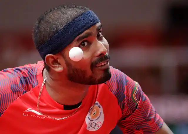 Sharath Kamal in action during the mixed doubles event on Wednesday.