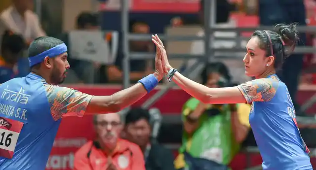 India’s Achanta Sharath and Manika Batra during the mixed-double table tennis match against Korea in the 18th Asian Games 2018 in Jakarta on Wednesday.