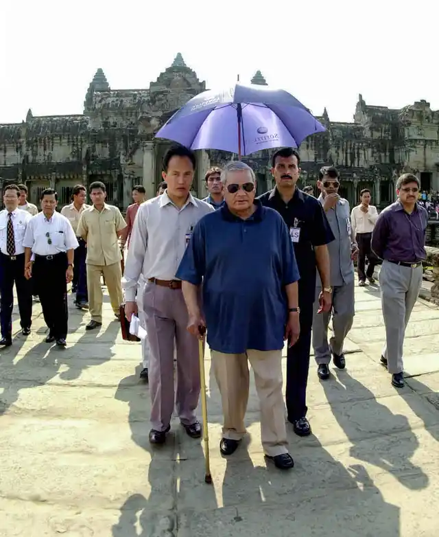 In this April 11, 2002, file photo former prime minister Atal Bihari Vajpayee is seen at Angkor Wat temple at Siem Reap, northwest of Phnom Penh in Cambodia. 
