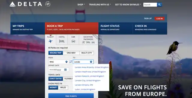 London-Heathrow listed as a destination in ‘United Kingdom’ for comparison.