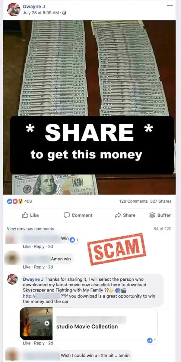 A screenshot of a fake Facebook post claiming ‘The Rock’ would select a winner from among those who shared or downloaded the content. 