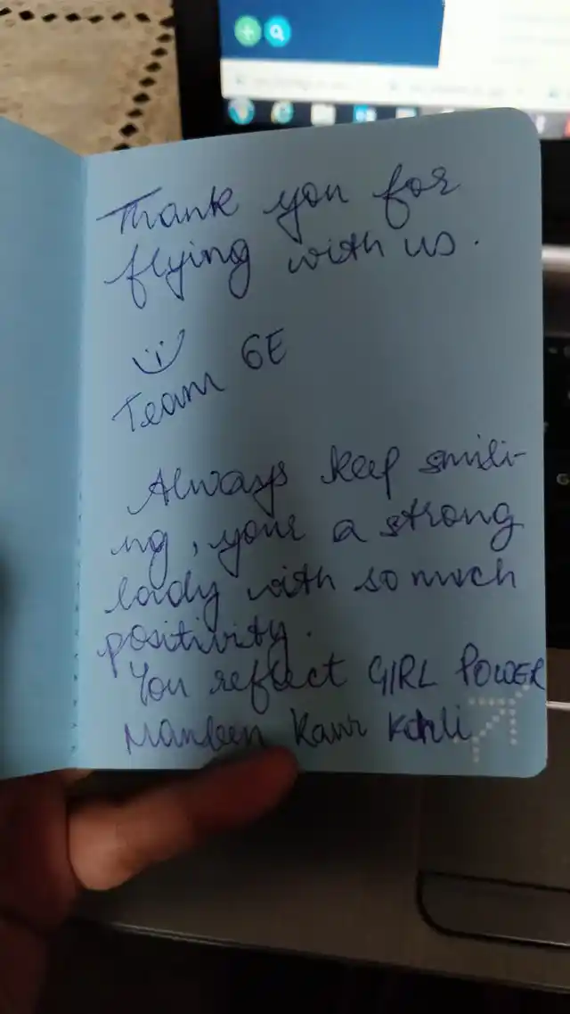 The sweet note given to me by the IndiGo crew.