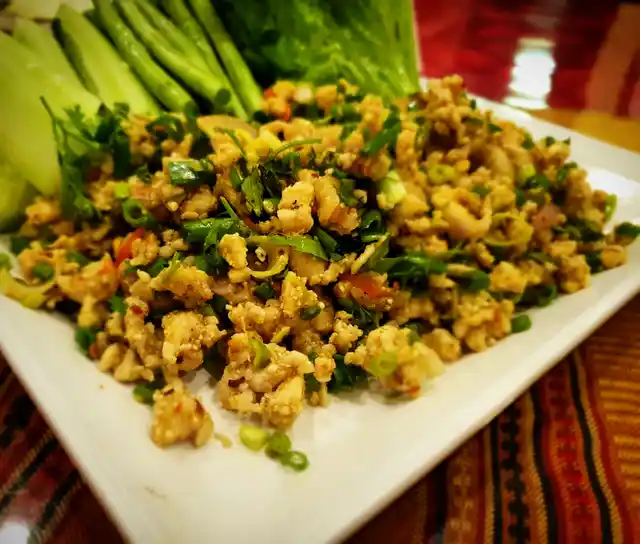 Larb, a fiery meat salad.