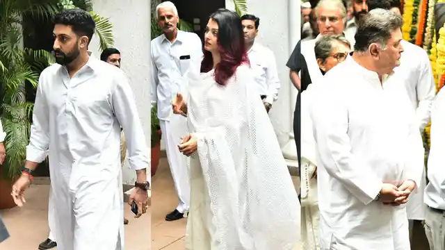 Abhishek Bachchan, Aishwarya Rai Bachchan and Rishi Kapoor at Rajan Nanda’s funeral in New Delhi.