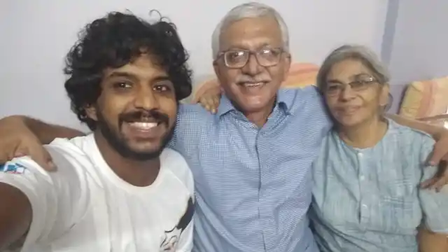 On the day of the arrest: Activist Vernon Gonsalves, lawyer Susan Abraham and their son Sagar click a selfie before the cops take Vernon away.