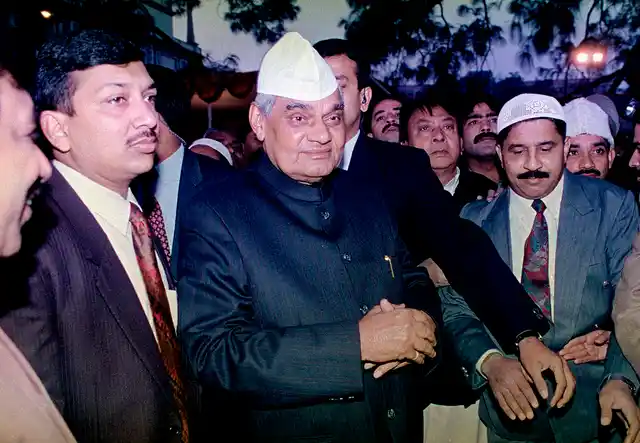 15 January, 1999 file photo, Prime Minister Atal Bihari Vajpayee, center, meets with delegations ahead of Eid ul-Fitr in New Delhi.