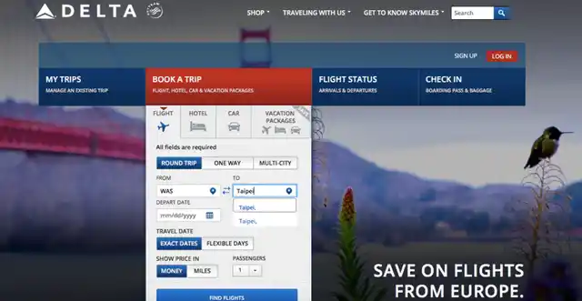 At time of writing, Delta’s website offers flights to ‘Taipei’, but includes no country name as it does for other destinations such as ‘London-Heathrow, United Kingdom’.