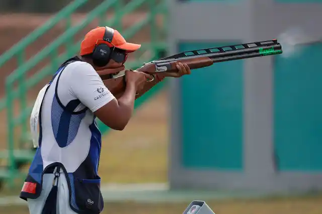 India’s Shardul Vihan in action in the final round of double trap men’s competition at the 18th Asian Games in Palembang, Indonesia.
