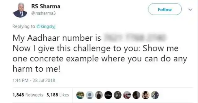 RS Sharma reveals his Aadhaar number