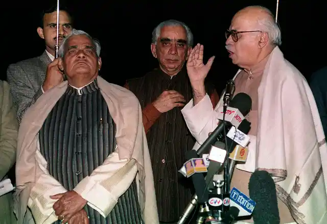 In this 30 Nov, 1997 file photo, Bharatiya Janata Party leaders LK Advani (R), Jaswant Singh (C) and Atal Bihari Vajpayee (L) address reporters after meeting with Indian President KR Narayanan. 