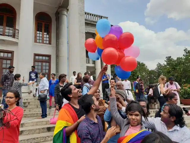 Supporters of the LGBTQ community in Bengaluru celebrate with balloons, following SC’s verdict. 