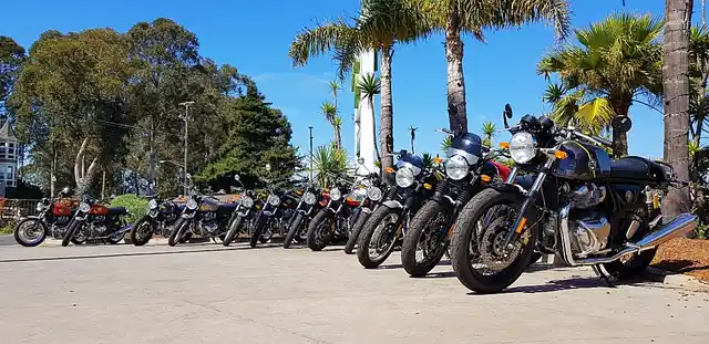 The Royal Enfield 650 Twins - Interceptor and Continental GT - lined up ahead of the media ride in Santa Cruz, California