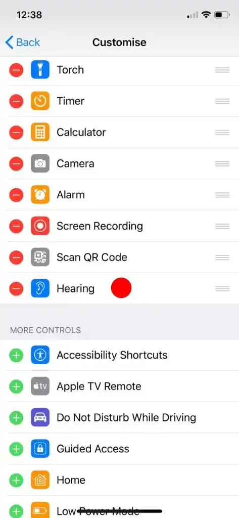 Hearing can now been added through the Customize option in Control Center.