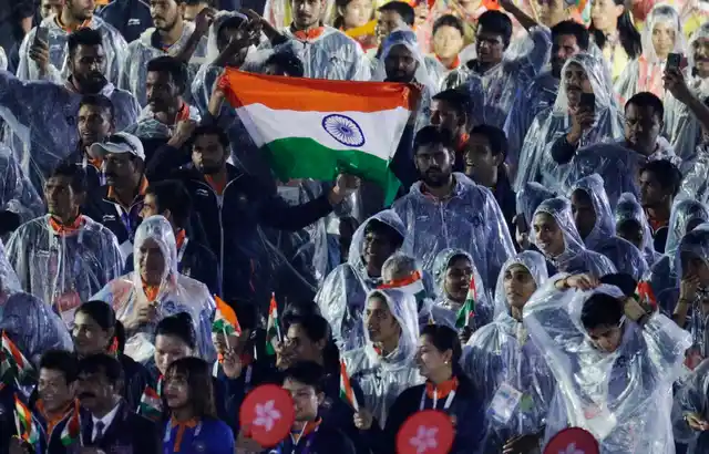 Indian athletes march into the closing ceremony for the 18th Asian Games in Jakarta, Indonesia on Sunday.