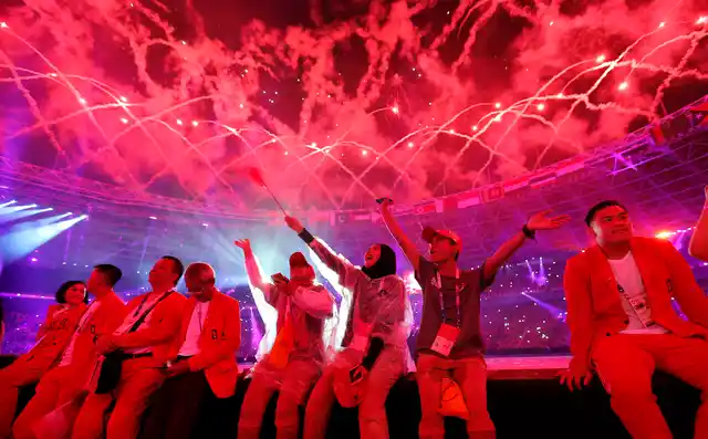 Fireworks explode over the stadium during the closing ceremony for the 18th Asian Games in Jakarta, Indonesia on Sunday.