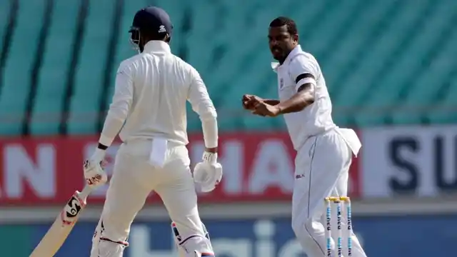 West Indies’ cricketer Shannon Gabriel celebrates after dismissing India’s KL Rahul during the first day of the first Test match between India and West Indies in Rajkot, on Thursday. 