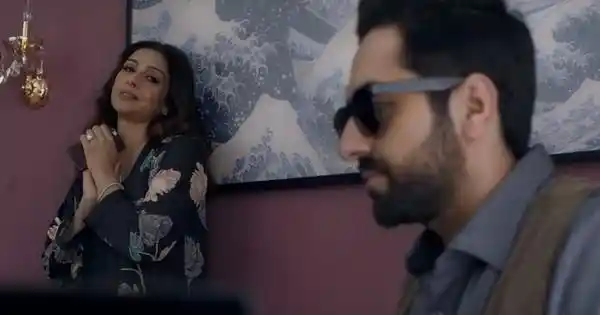 Tabu with Ayushmann Khurrana in a still from<i> AndhaDhun</i>.