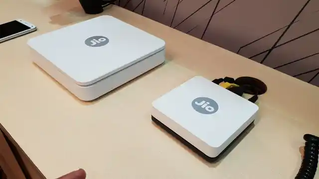 Jio GigaFiber router on display at the India Mobile Congress. 