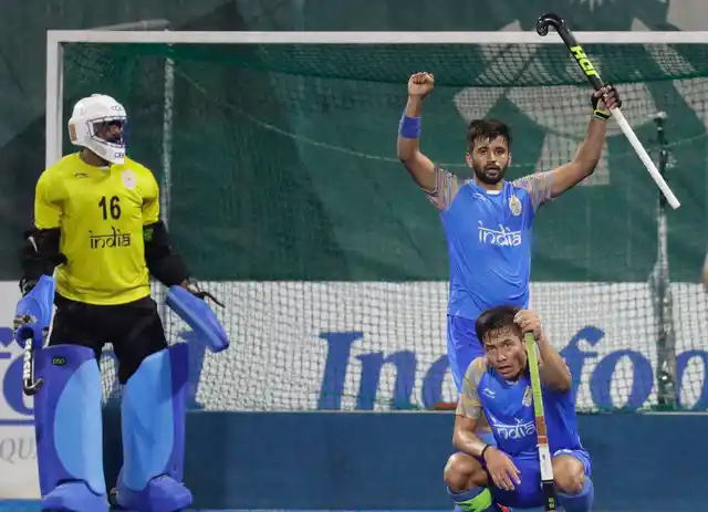 India’s team celebrate after winning their men’s hockey match for bronze against Pakistan at the 18th Asian Games in Jakarta, Indonesia, Sept. 1, 2018. 