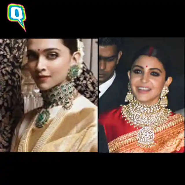 The statement neck-pieces that Deepika and Anushka sported on their respective receptions.
