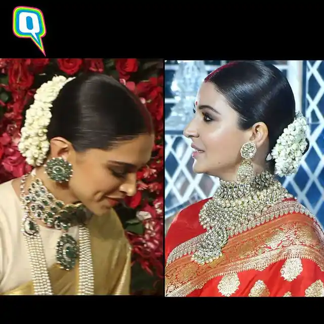 Both Anushka and Deepika sport a Rekha-inspired tight bun with <i>gajra</i>.
