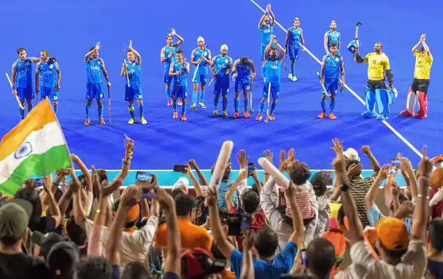 The Indian men’s hockey team celebrate their bronze medal at the 2018 Asian Games.