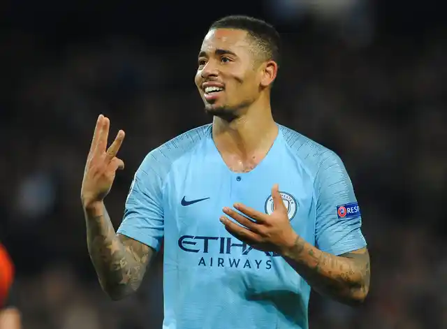 Gabriel Jesus celebrates after scoring his side’s sixth goal against Shakhtar Donetsk.