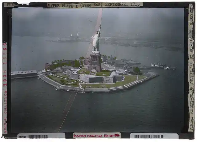 The first successful aerial color photograph — which shows the Statue of Liberty —used the Finlay process, 1931.