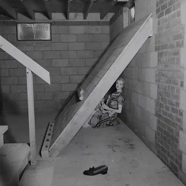 A shielded dummy in a basement for atomic bomb-testing in Nevada, March 1953.