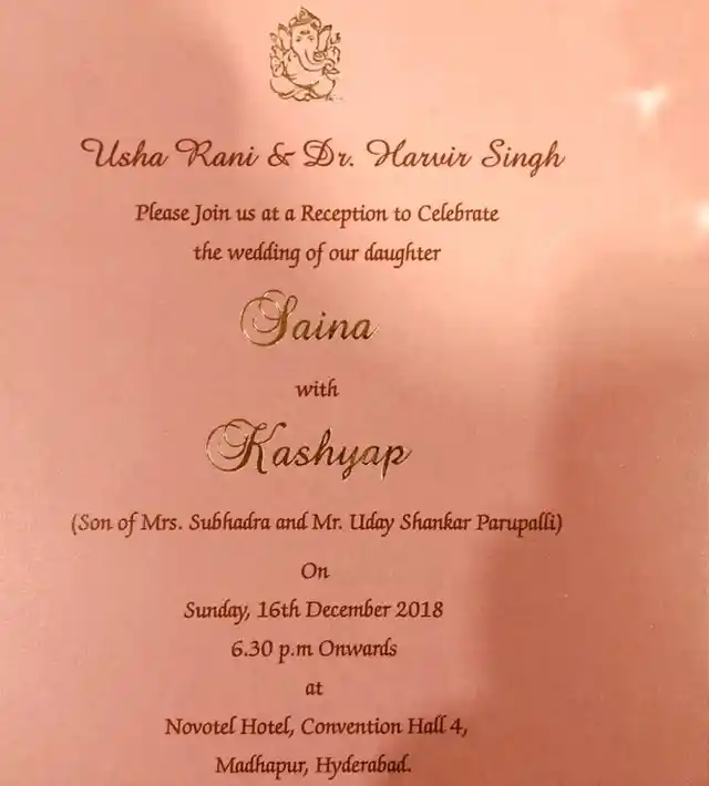 The invitation to Saina Nehwal and Parupalli Kashyap’s wedding, as sent out by Saina’s parents.