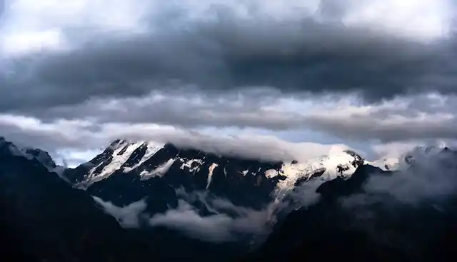 The peaks of Kinner Kailash mountain from Kalpa town in Himachal Pradesh