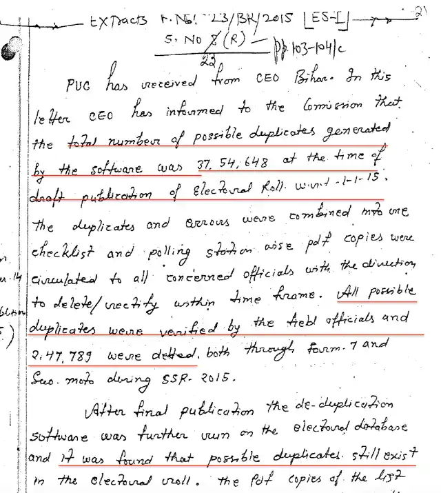 A communication, dated 27 February 2015, between the Bihar CEO and the EC regarding issues with the de-duplication software.