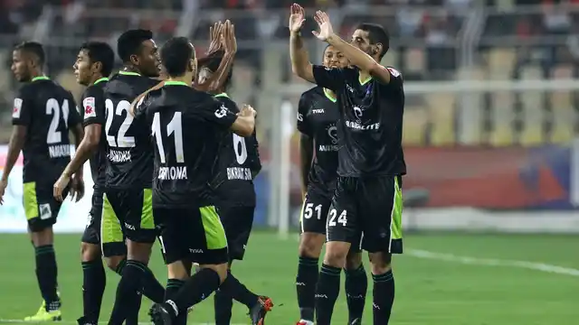 Bikramjit Singh of Delhi Dynamos FC celebrates a goal against FC Goa in Margao on Thursday.