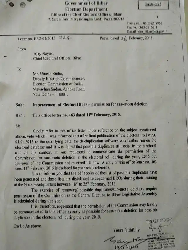 An RTI filed with EC shows the State Election Commission of Bihar has been asking permission to delete voters suo motu before the Bihar elections.