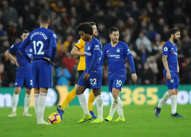Chelsea players look deflated after conceding a second goal during their defeat to Wolverhampton Wanderers in the Premier League.