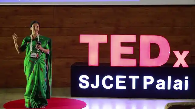 VR Lalithambika giving a TEDx talk.