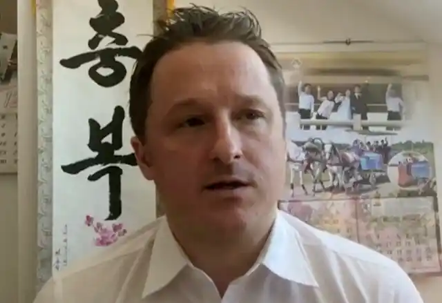 In this file image made from video taken on 2 March 2017, Michael Spavor, director of Paektu Cultural Exchange, talks during a Skype interview in Yanji, China. 