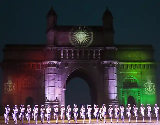 Indian Navy personnel rehearse for the Beating Retreat and Tattoo Ceremony for the Navy Day celebration at the historical Gateway of India in Mumbai on 2 December 2018.