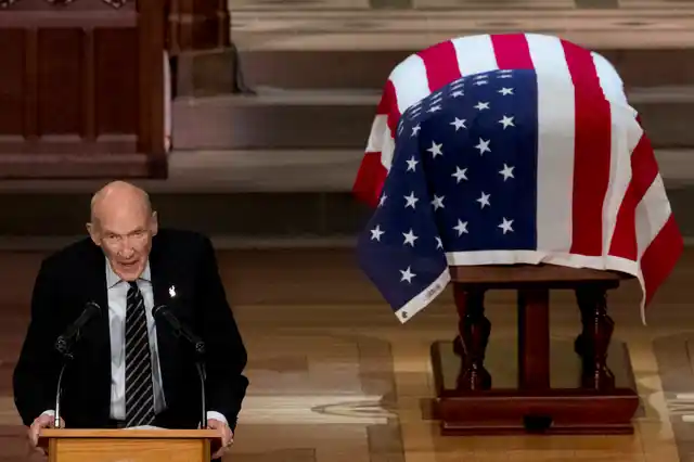Former Sen. Alan Simpson, R-Wyo, speaks during the State Funeral for former President George HW Bush at the National Cathedral.