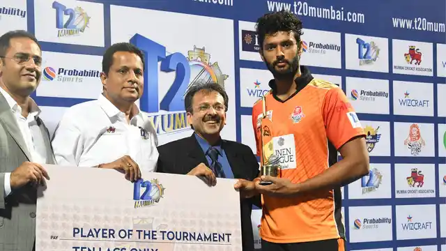 File photo of Shivam Dubey being awarded for his performance in the Mumbai T20 league.