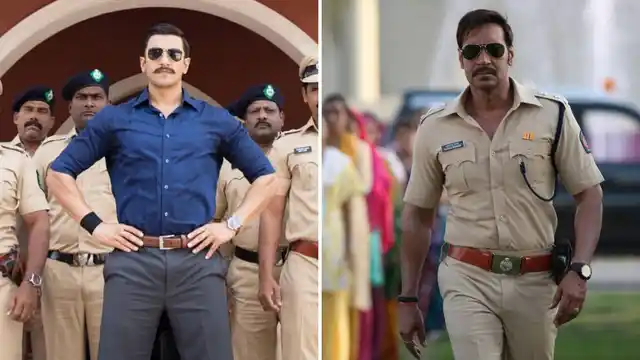 Ranveer Singh in <i>Simmba</i>; Ajay Devgn in <i>Singham</i>. 