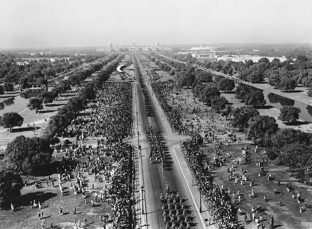 Aerial view of the Republic Day Parade in Delhi taken from the top of India Gate in 1951
