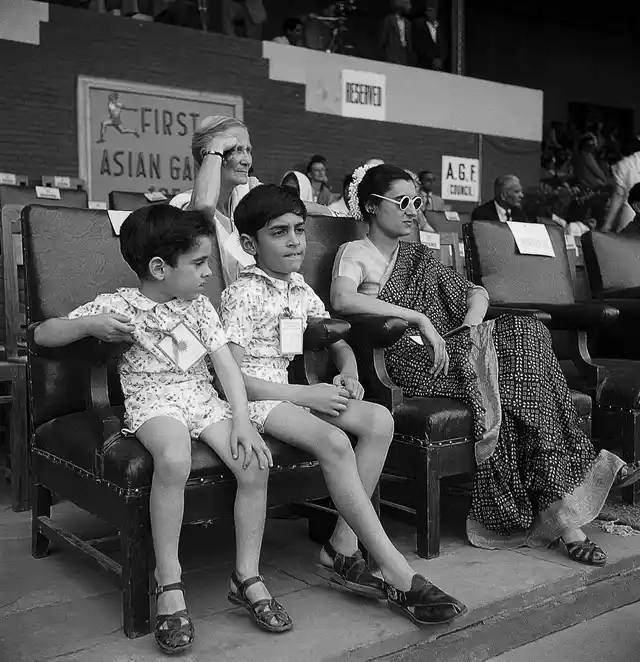 Indira Gandhi with Rajiv and Sanjay at the first Asian Games at the National Stadium. Delhi, 1951