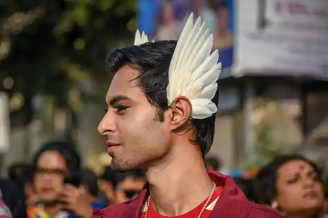 A protester dons a an interesting accessory at the Kolkata Rainbow Pride Walk 2018