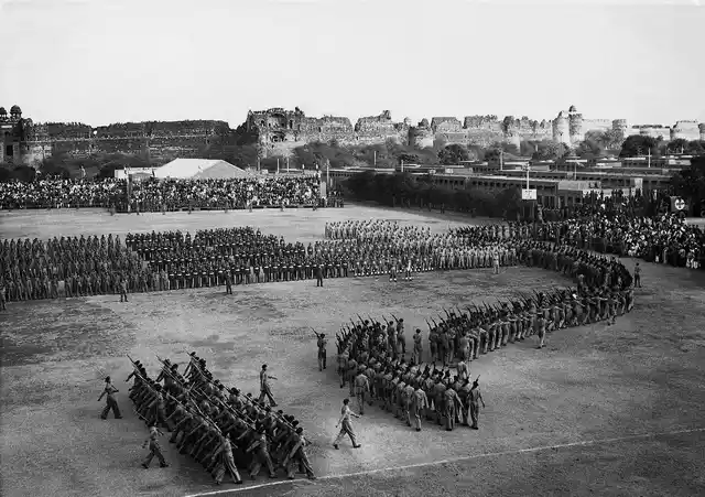 The First Republic Day Parade on 26 January 1950 in Delhi. This was held where the National Stadium stands today with the Purana Quila in the background